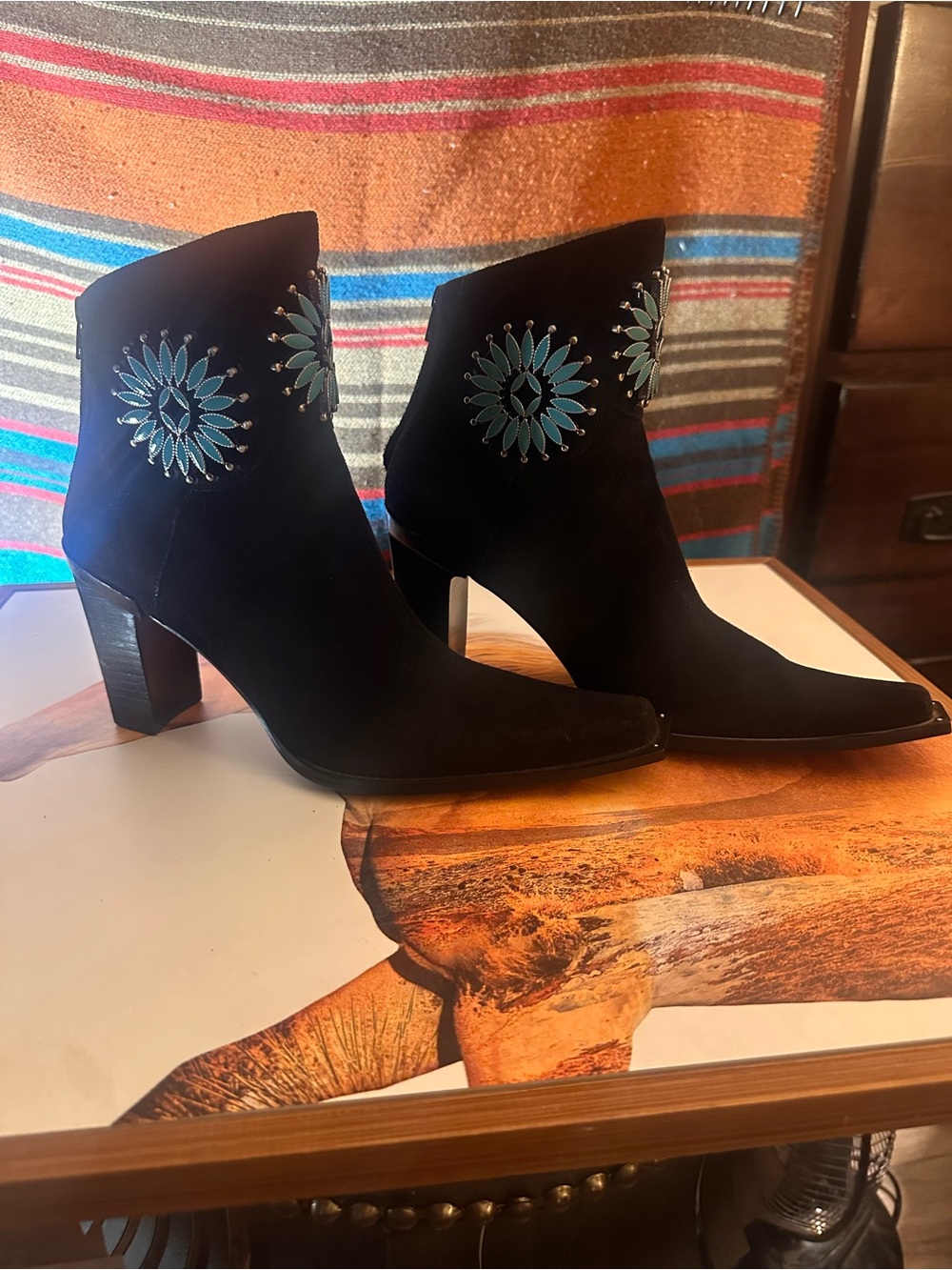 Black Suede Ankle Boots with Turquoise Medallion Accent